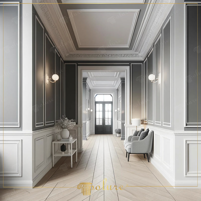 Perspective Photo of Grey and White Neoclassic Hallway