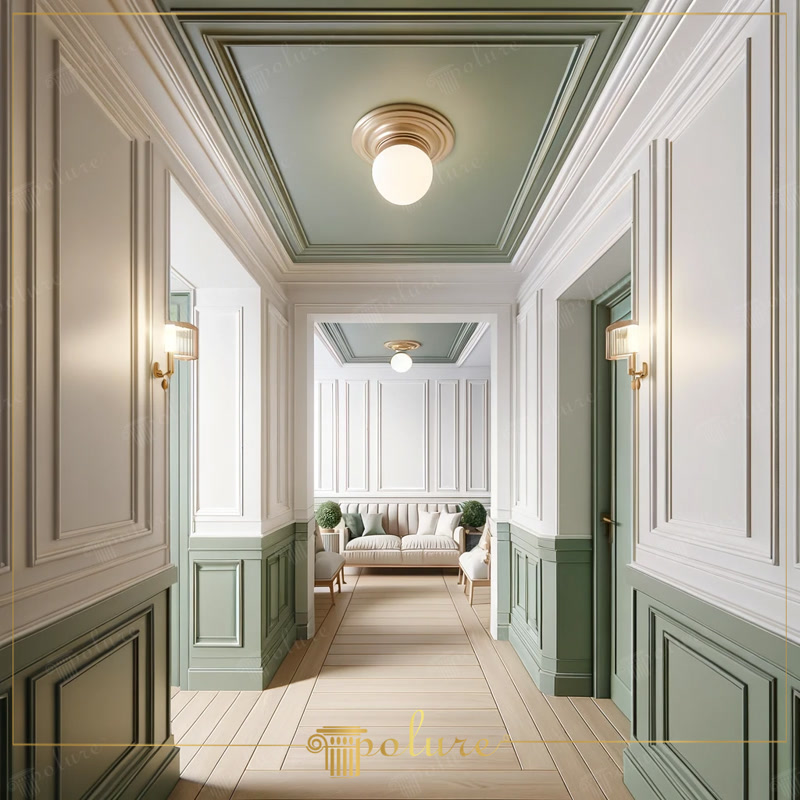 Perspective Photo of Sage Green and White Hallway
