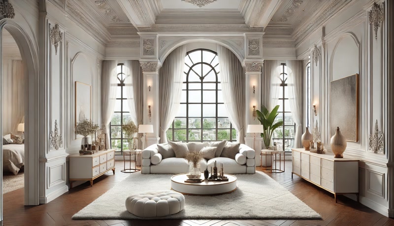 Front View Photo of White Neoclassic Salon with Arch Window