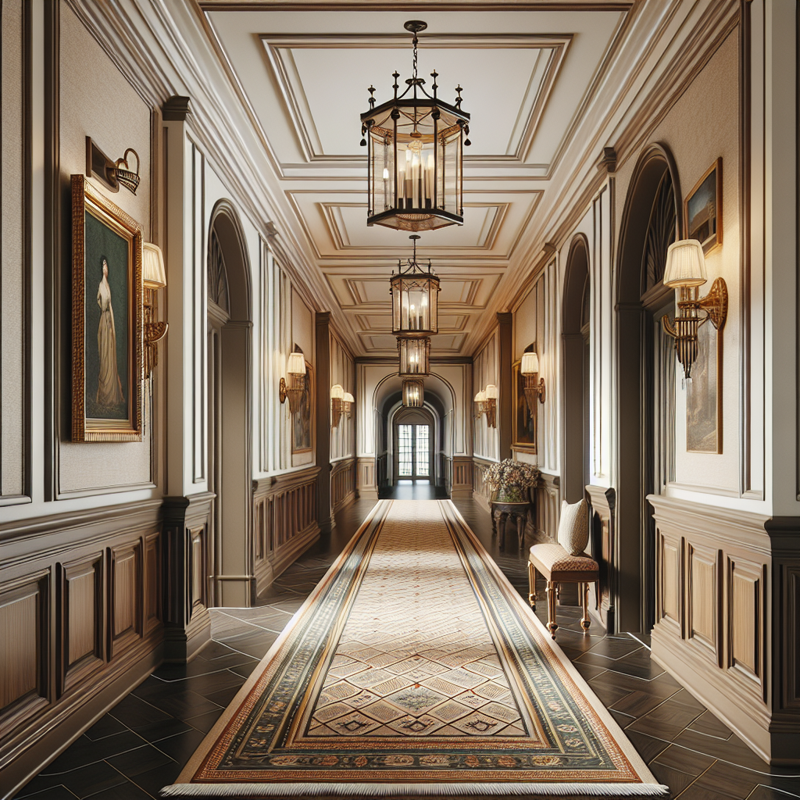 Perspective Photo of Classic Hotel Hallway with Bronze Lanterns