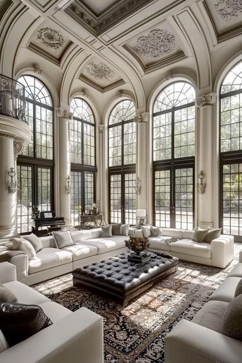 High Angle Photo of Grand Vaulted Villa Salon with Arch Windows