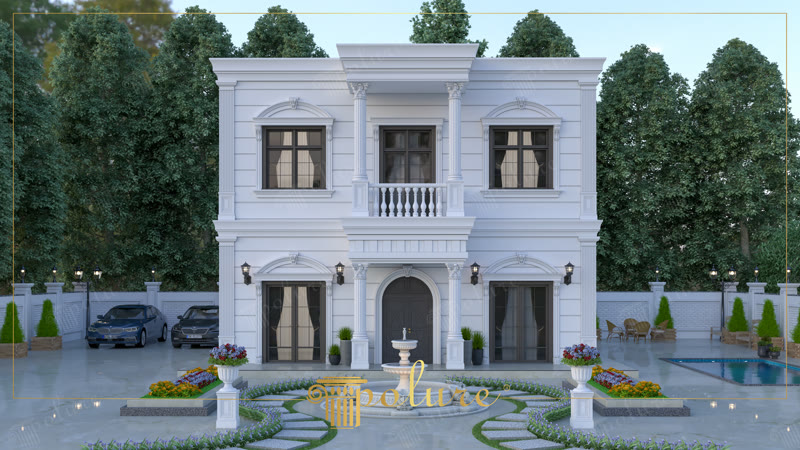 Front Exterior Photo of White Neoclassic Villa with Balcony