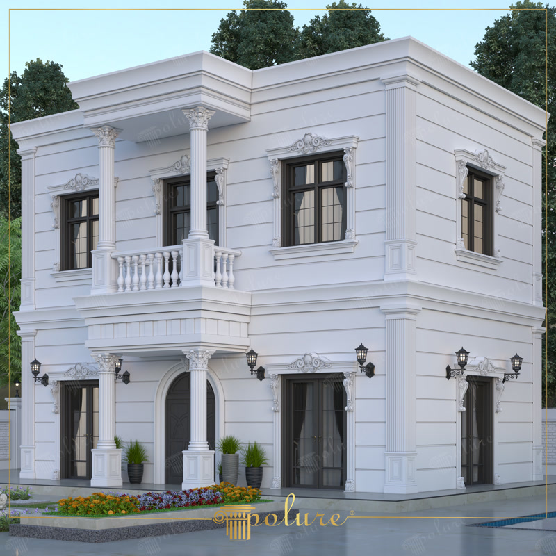 Oblique Exterior Photo of Two Story White Neoclassic Villa