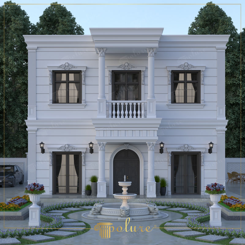 Front Exterior Photo of White Neoclassic Villa with Fountain
