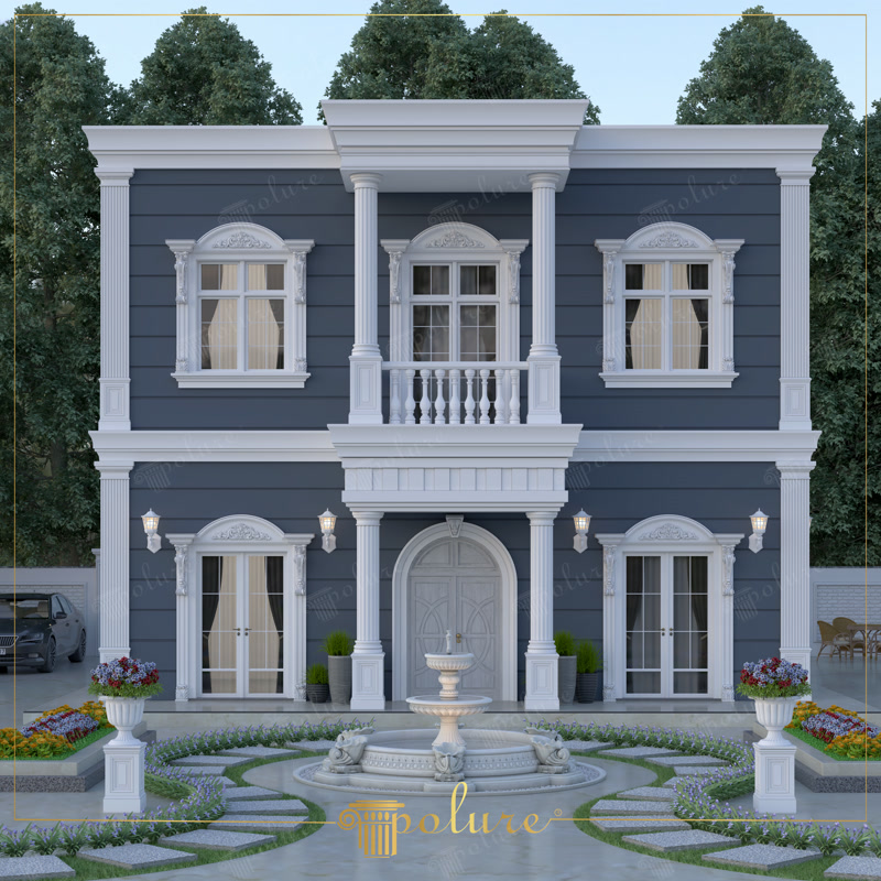 Front Exterior Photo of Navy Blue Neoclassic Villa