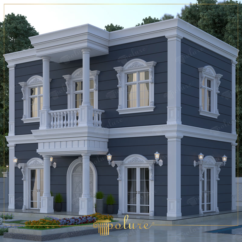 Oblique Exterior Photo of Navy Blue Neoclassic Villa