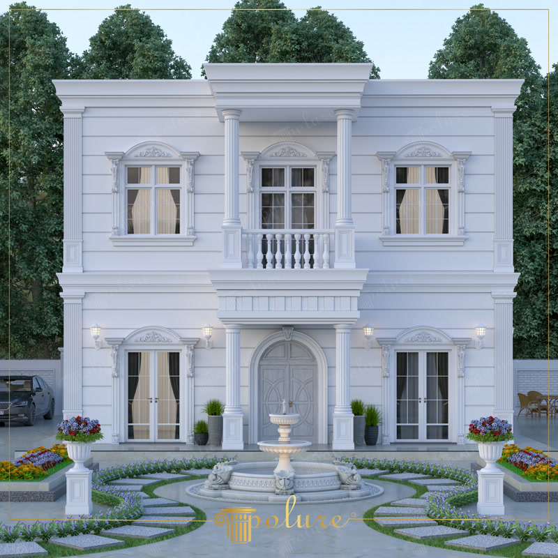Front Exterior Photo of White Villa with Garden Fountain