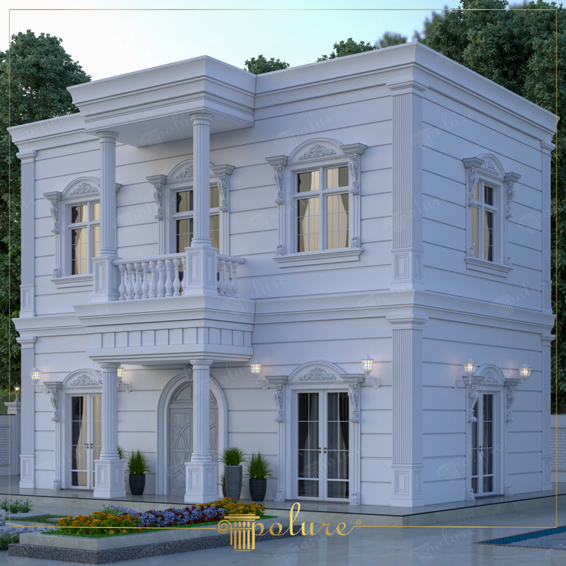 Oblique Exterior Photo of Two Story White Villa with Balcony