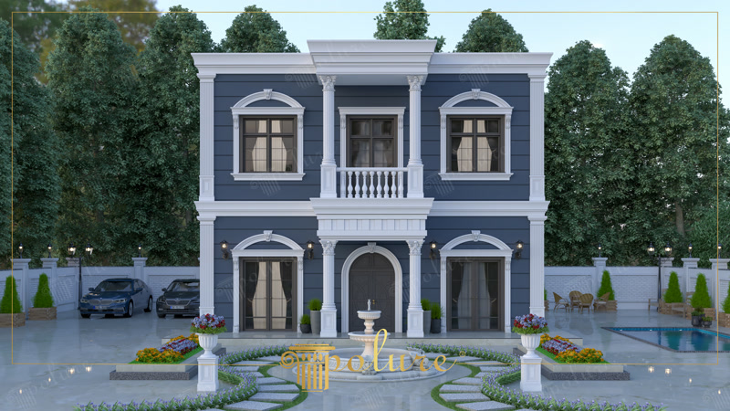 Front Exterior Photo of Navy Blue Neoclassic Villa Estate