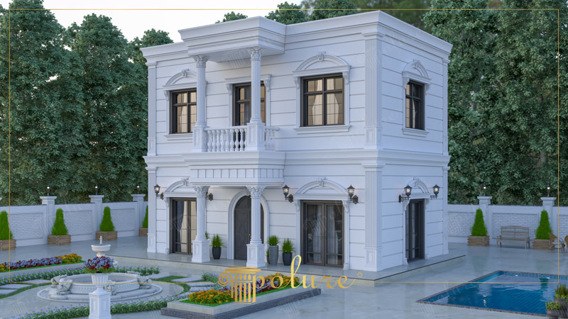 Oblique Exterior Photo of White Villa with Pool and Fountain
