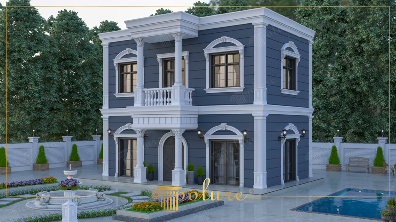 Oblique Exterior Photo of Navy Blue Villa with Pool and Fountain