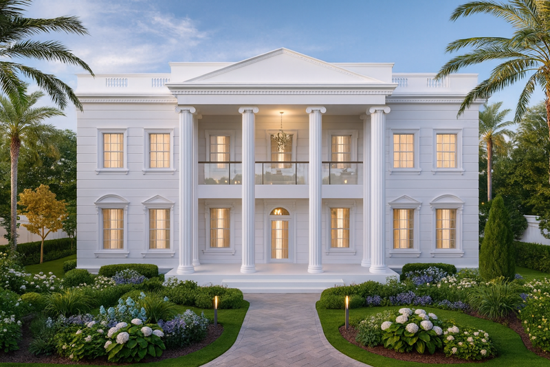 Classic White Villa Facade with Flower Garden Walkway