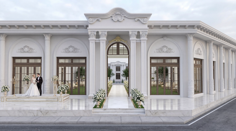 Front View Photo of White Neoclassic Event Hall Facade