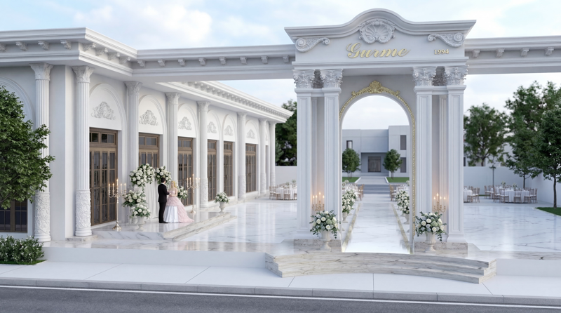 Oblique Photo of Gurme Event Hall Entrance with Arch Gateway