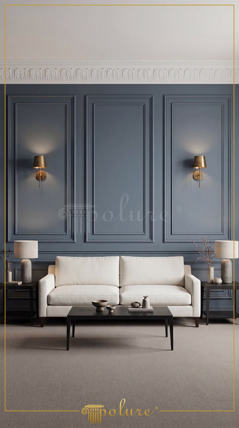 Front View Photo of Slate Blue Wainscoted Living Room Wall
