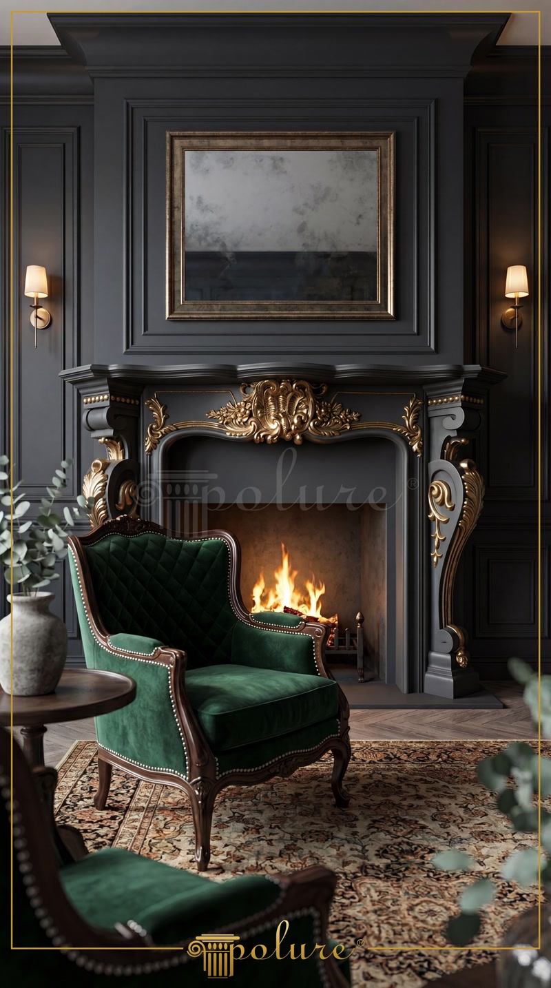 Front View Photo of Dark Grey Rococo Fireplace with Gold Scroll