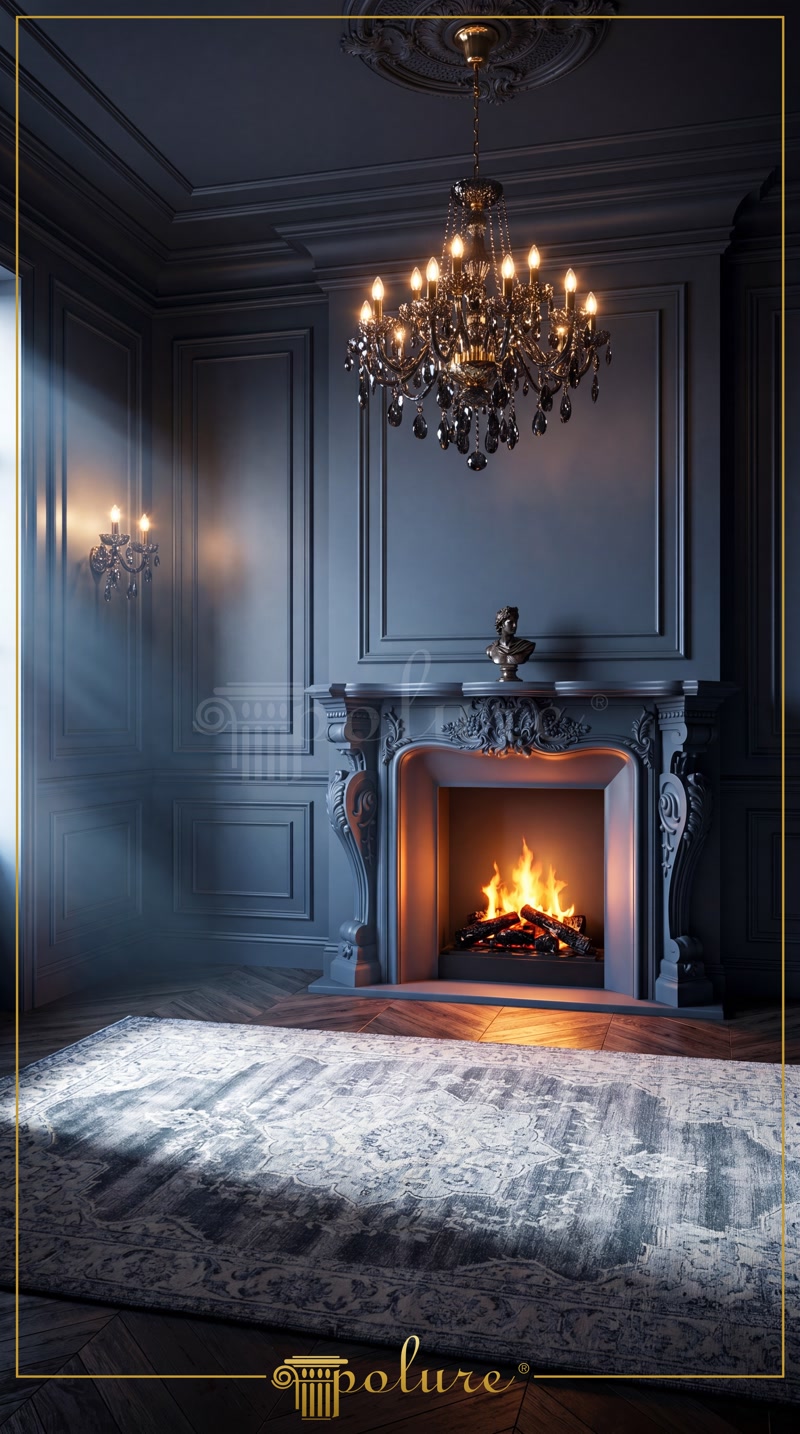 Front View Photo of Dark Slate Blue Room with Chandelier