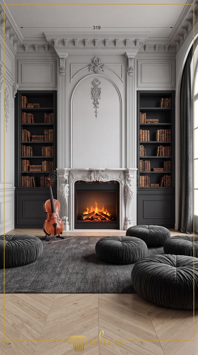 Front View Photo of Neoclassic Library Lounge with Cello