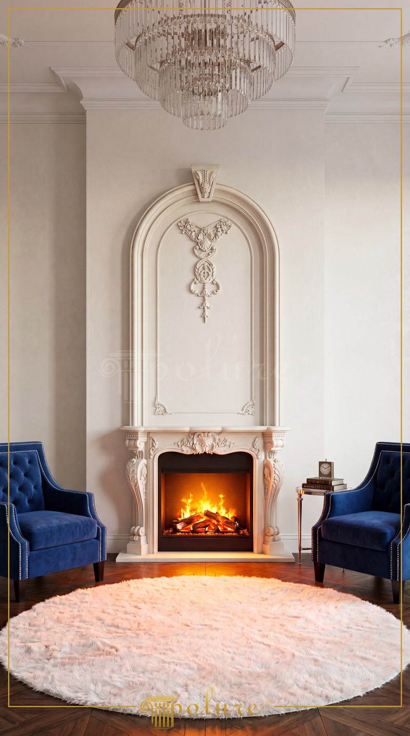 Front View Photo of White Fireplace with Blue Velvet Armchairs