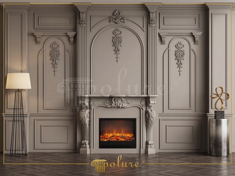 Front View Photo of Greige Neoclassic Fireplace Wall