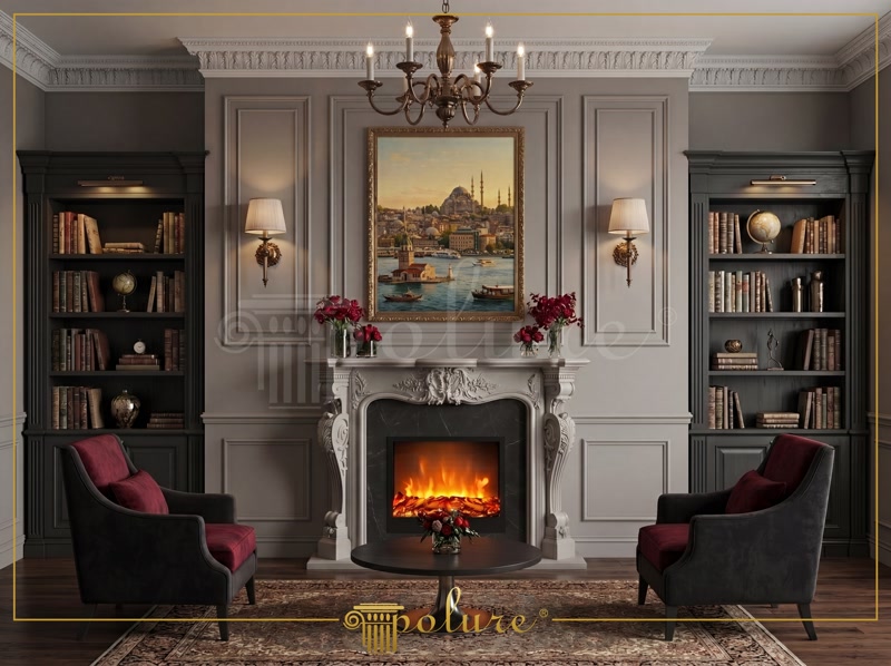 Front View Photo of Grey Library Lounge with Istanbul Art