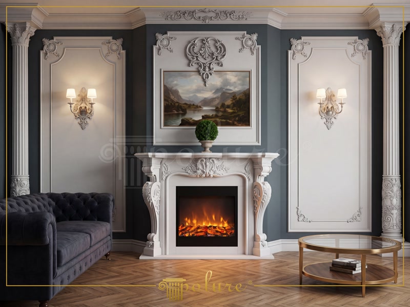 Front View Photo of Slate Blue Fireplace Wall with Landscape