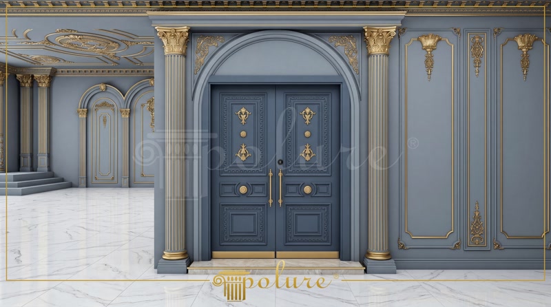 Front View Photo of Blue Double Doors with Gold Corinthian Pilasters