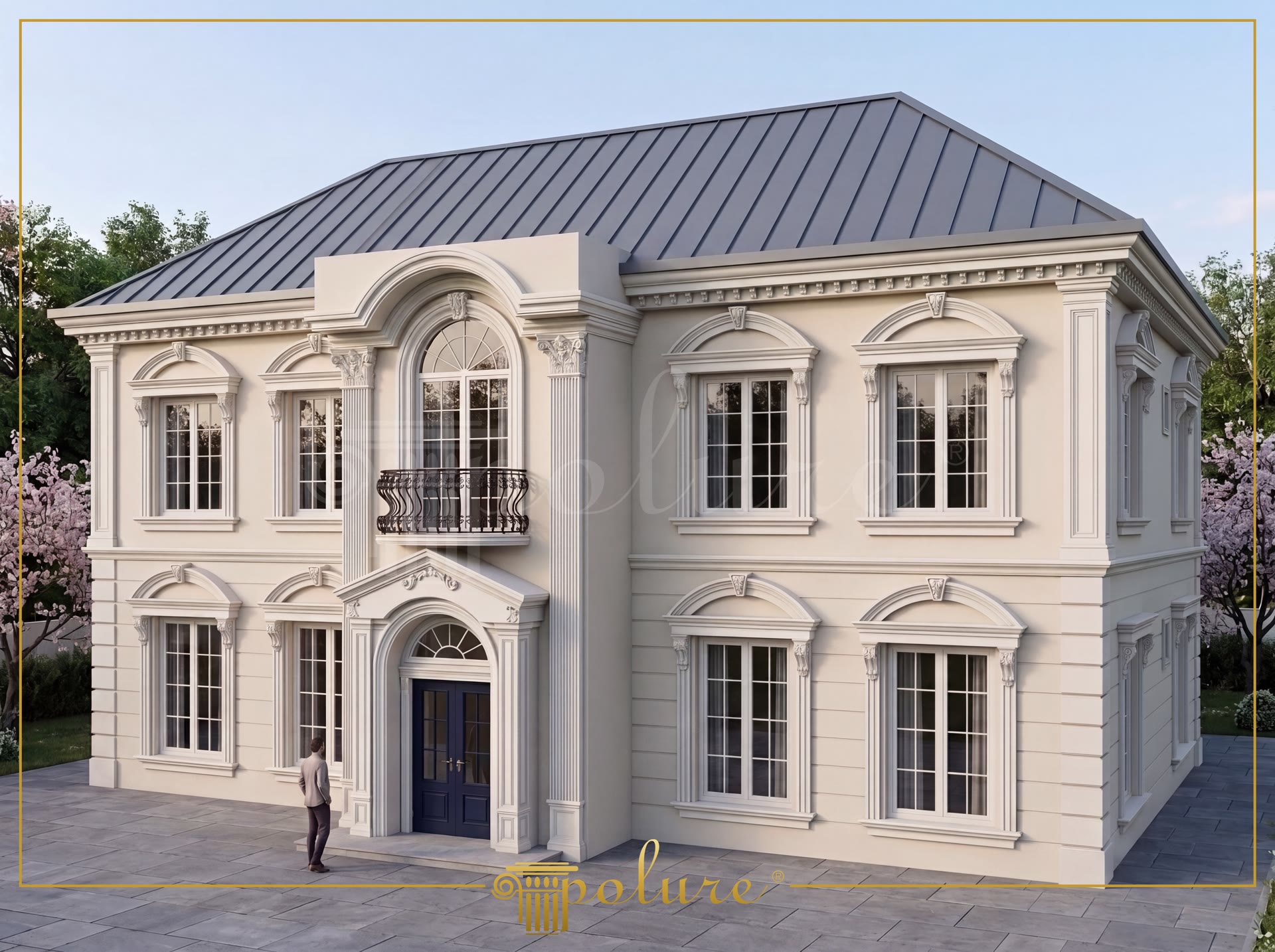 Neoclassical exterior villa facade featuring polyurethane window arch mouldings, pilasters, and main portal.