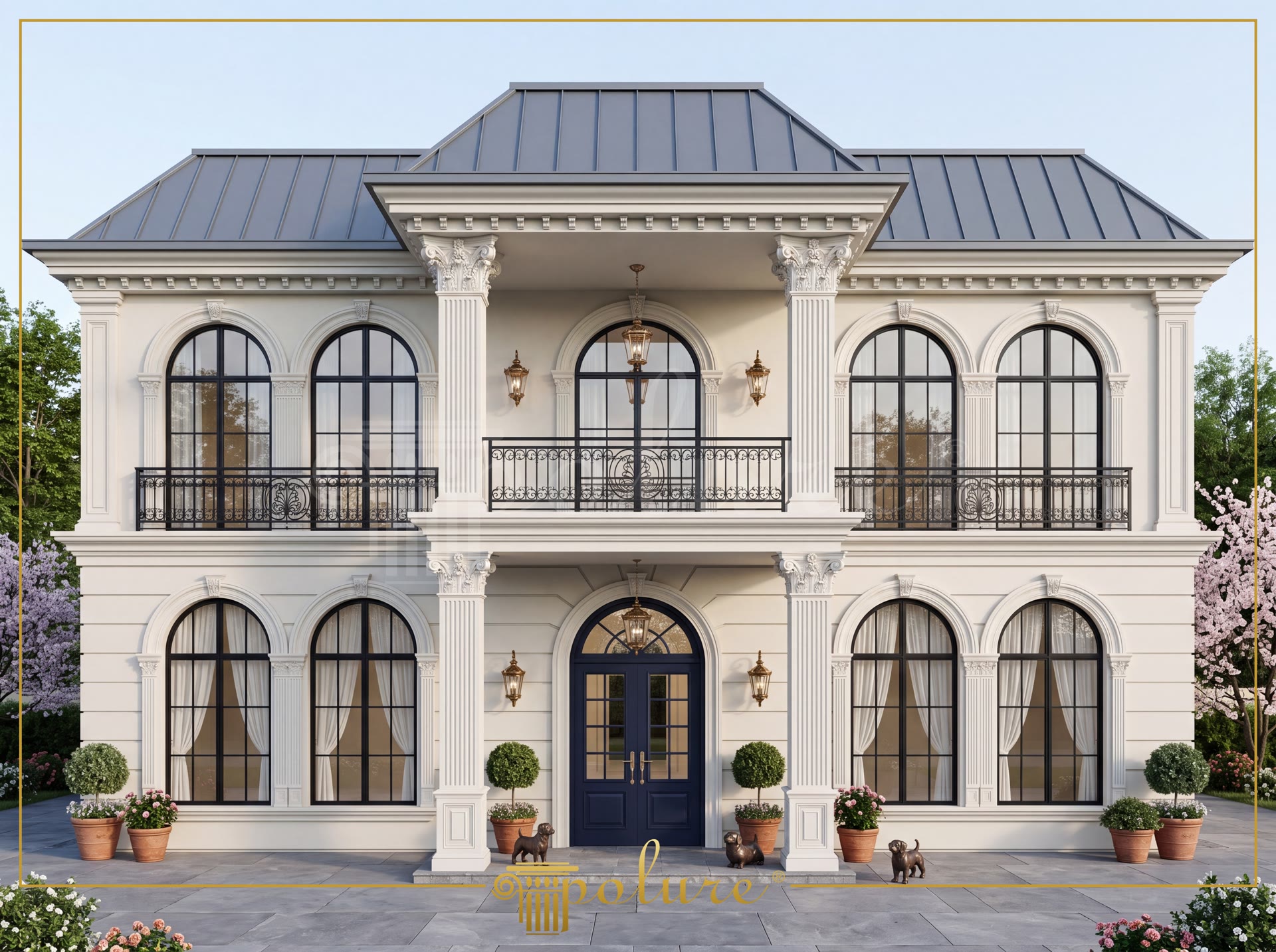 Classic villa exterior facade featuring polyurethane window surrounds, arched moldings, and fluted pilaster columns.