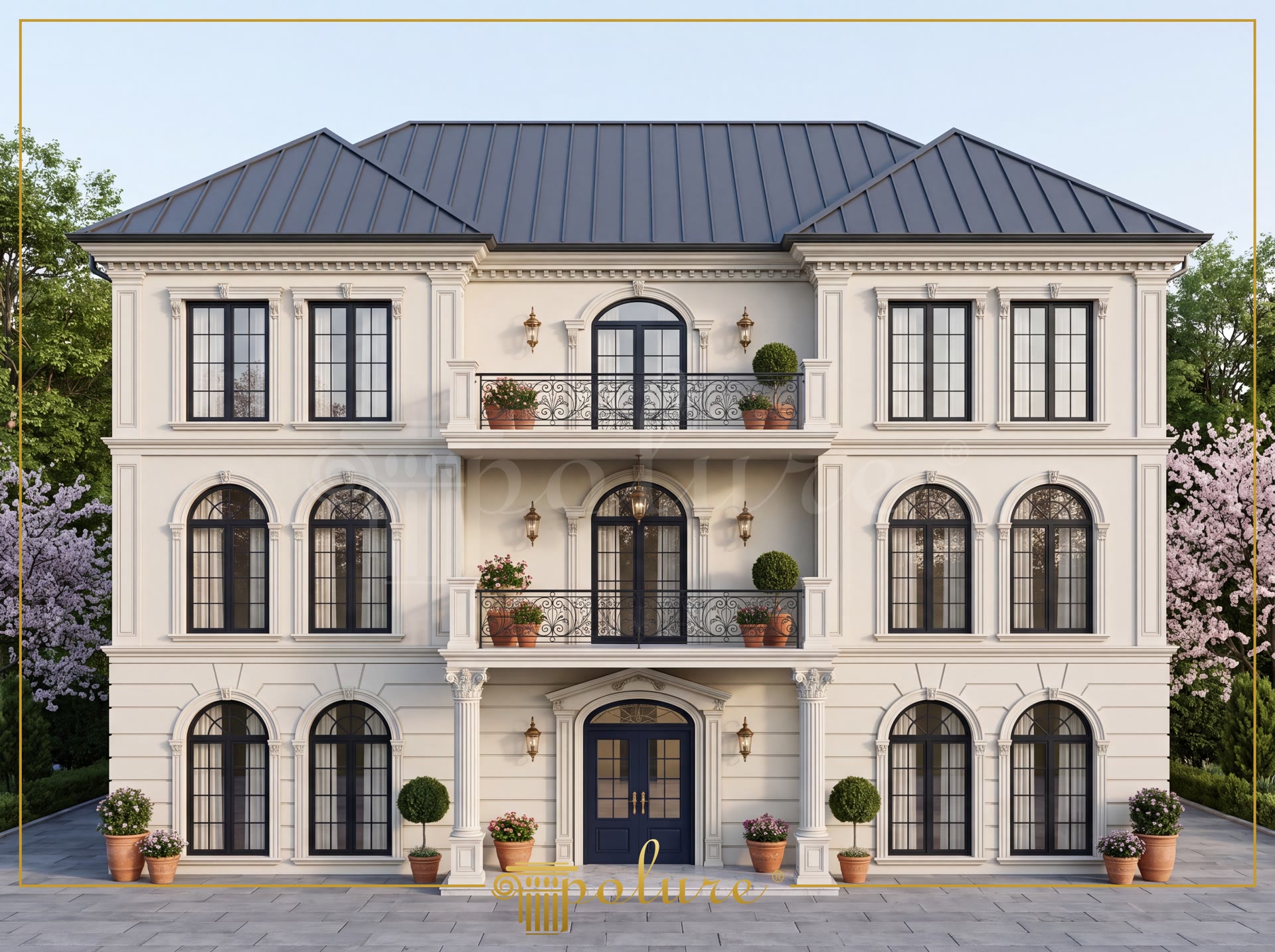 Symmetrical classic villa facade featuring polyurethane window surrounds, arched mouldings, and decorative pilaster columns.