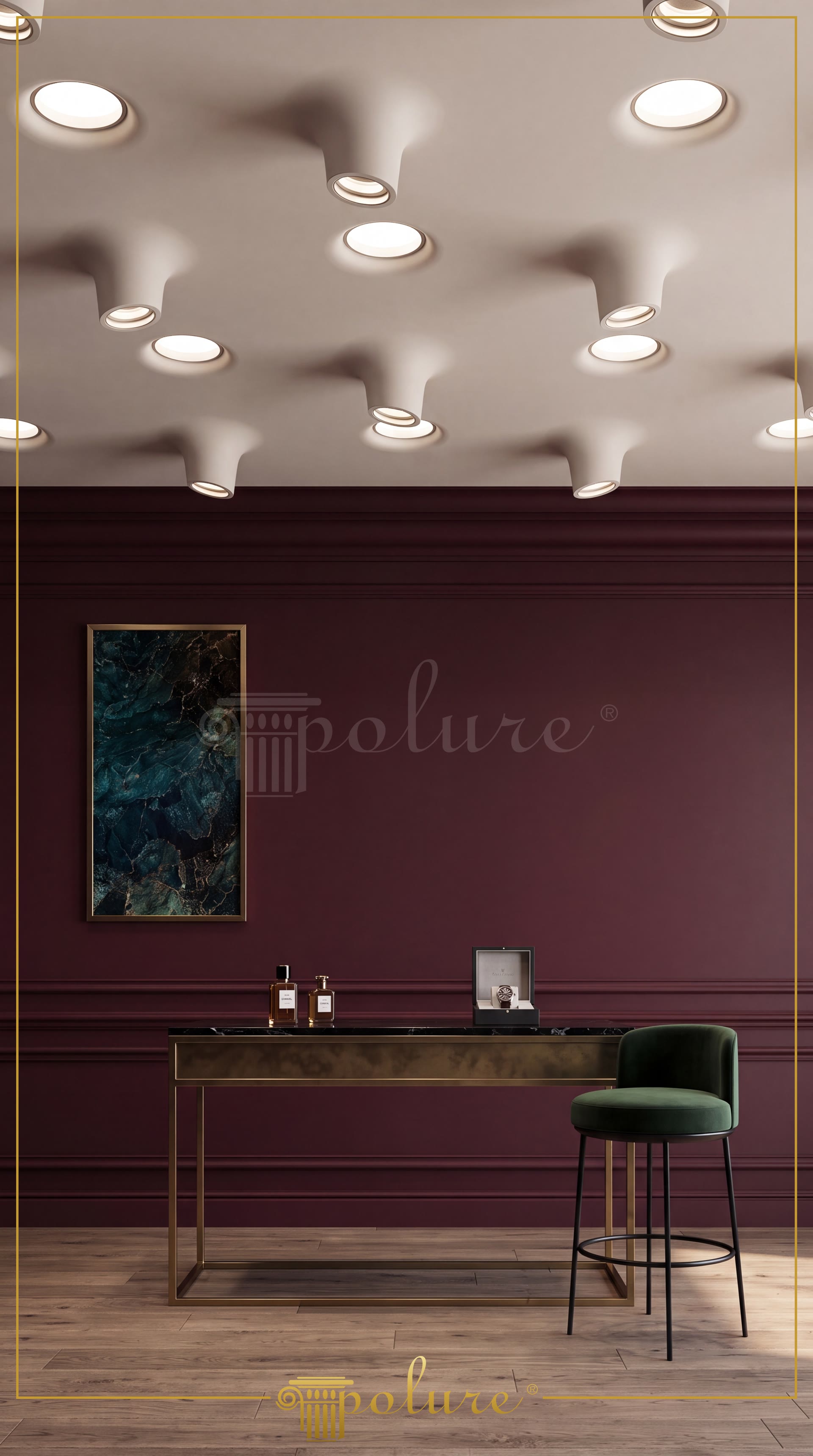 Polyurethane recessed light niches P81376 installed on a modern ceiling above burgundy wall paneling and display desk.