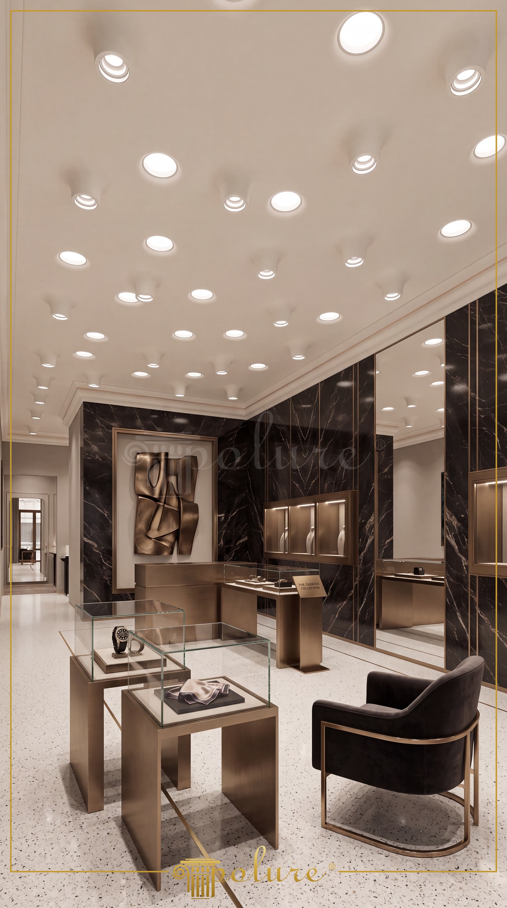 Polyurethane ceiling light frames P81376 and PA501 installed in a luxury retail interior with dark marble walls.