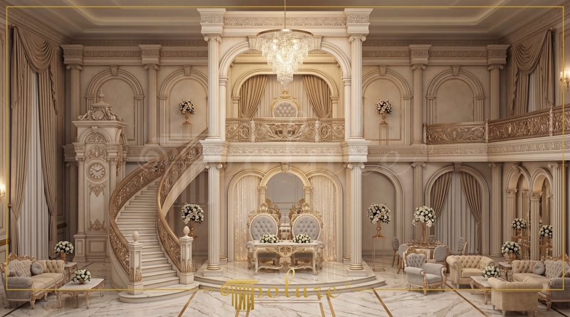 Front View Photo of Grand Villa Foyer with Curved Staircase