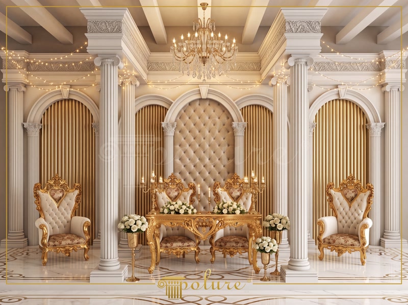 Front View Photo of Royal Stage Pavilion with Gold Chairs