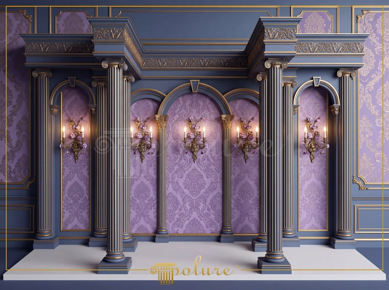 Front View Photo of Purple Damask Photo Stage with Colonnade