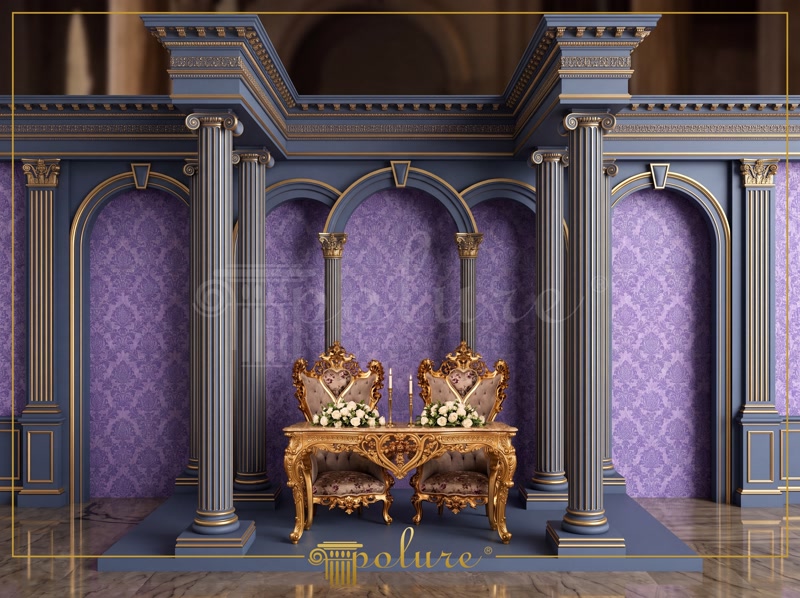Front View Photo of Royal Purple and Blue Head Table Stage
