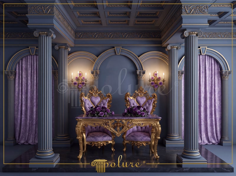Front View Photo of Purple Velvet Wedding Head Table Stage
