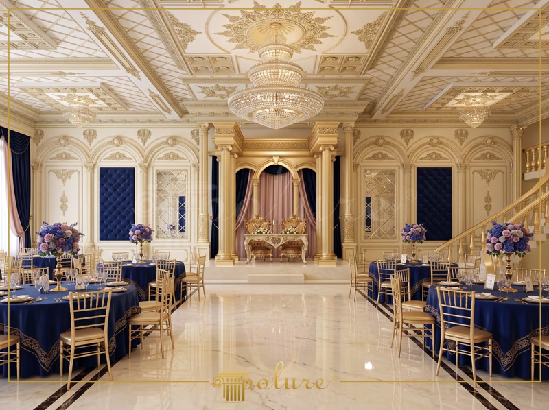 Front View Photo of Royal Gold and Blue Wedding Hall