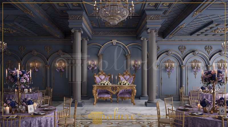 Front View Photo of Blue and Purple Wedding Hall with Coffered Ceiling