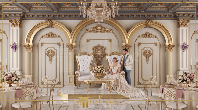 Front View Photo of White and Gold Wedding Stage with Bride