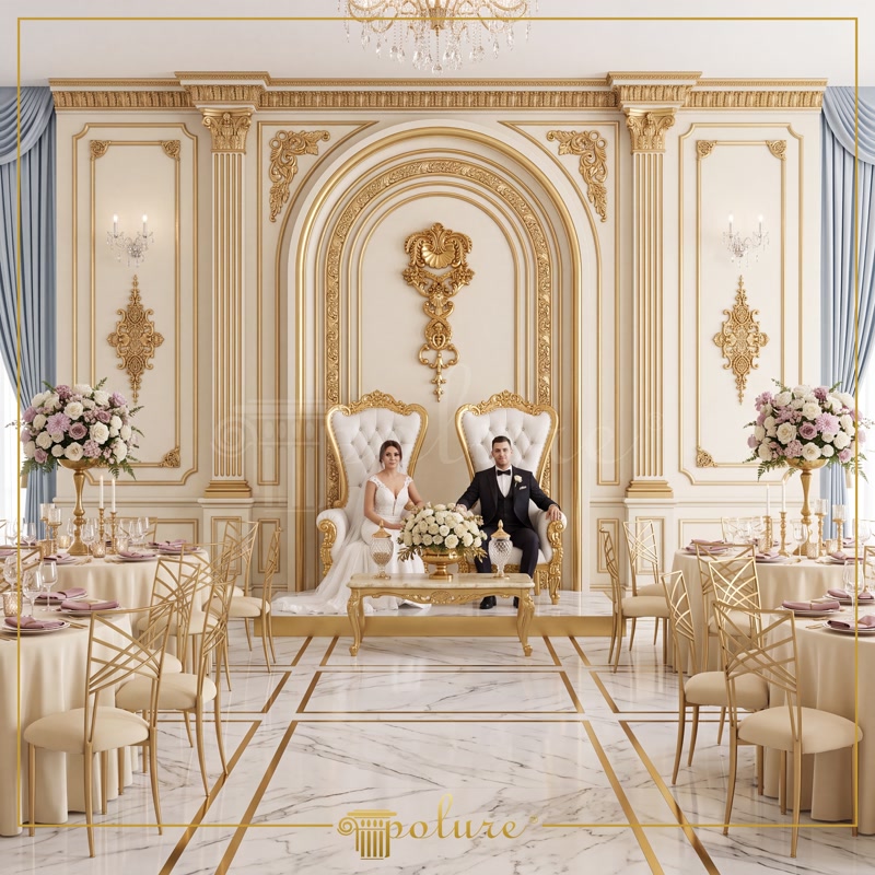 Front View Photo of White and Gold Wedding Stage with Couple