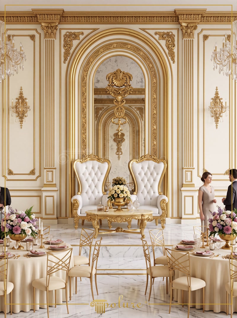 Front View Photo of White and Gold Stage with Tall Throne Chairs