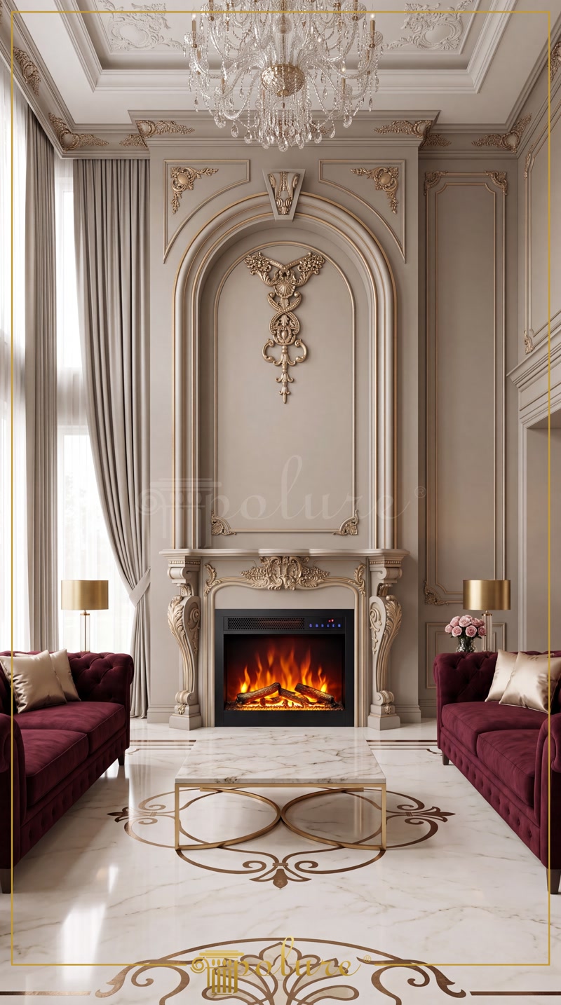 Front View Photo of Greige Double Height Fireplace Salon