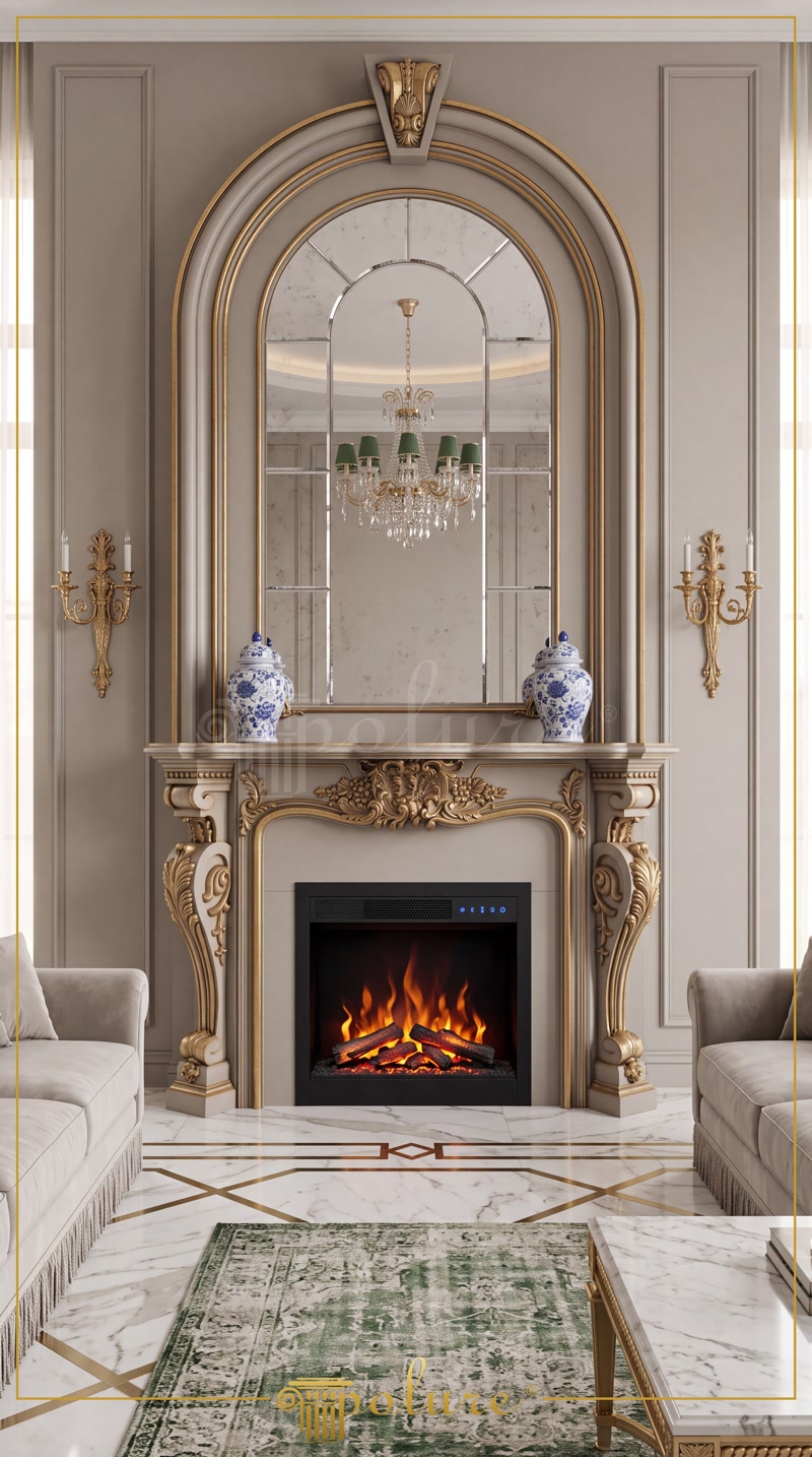 Front View Photo of Greige Fireplace with Arched Grid Mirror