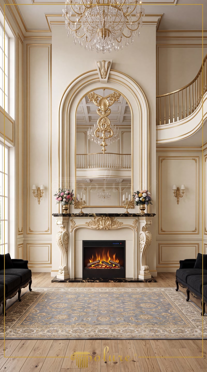 Front View Photo of White and Gold Fireplace Salon