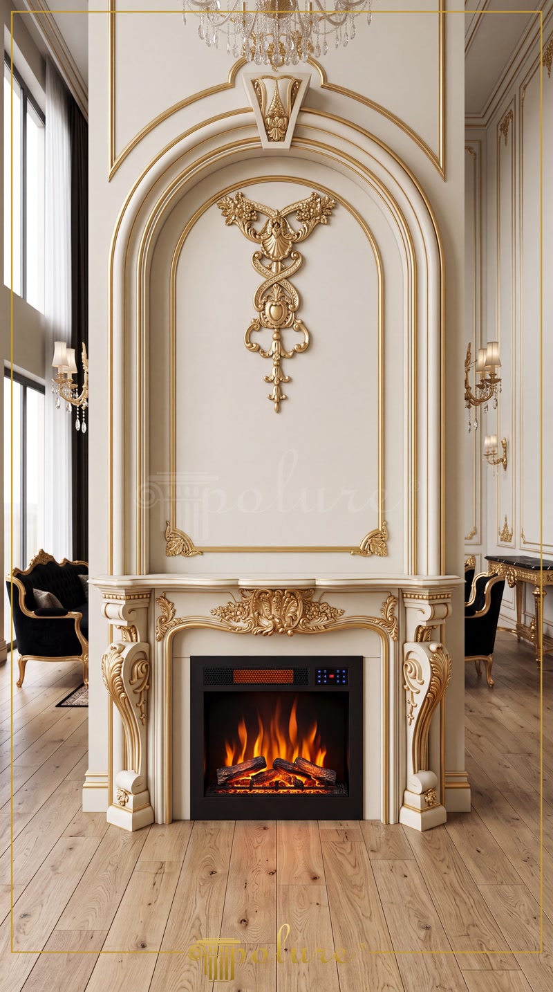 Front View Photo of White and Gold Fireplace Partition Wall