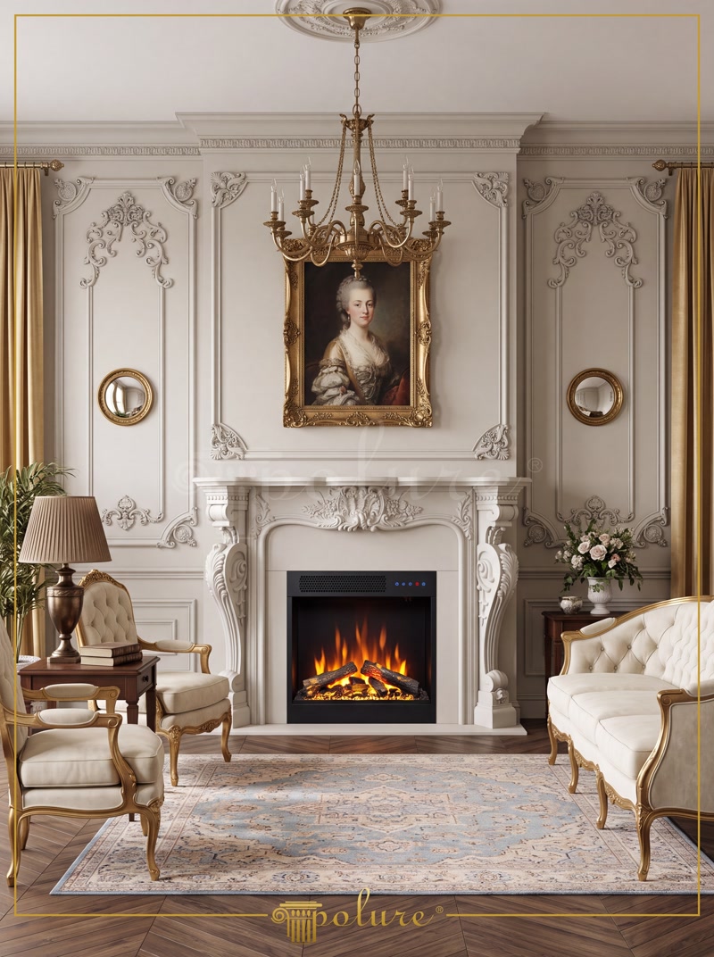 Front View Photo of White Neoclassic Fireplace with Portrait