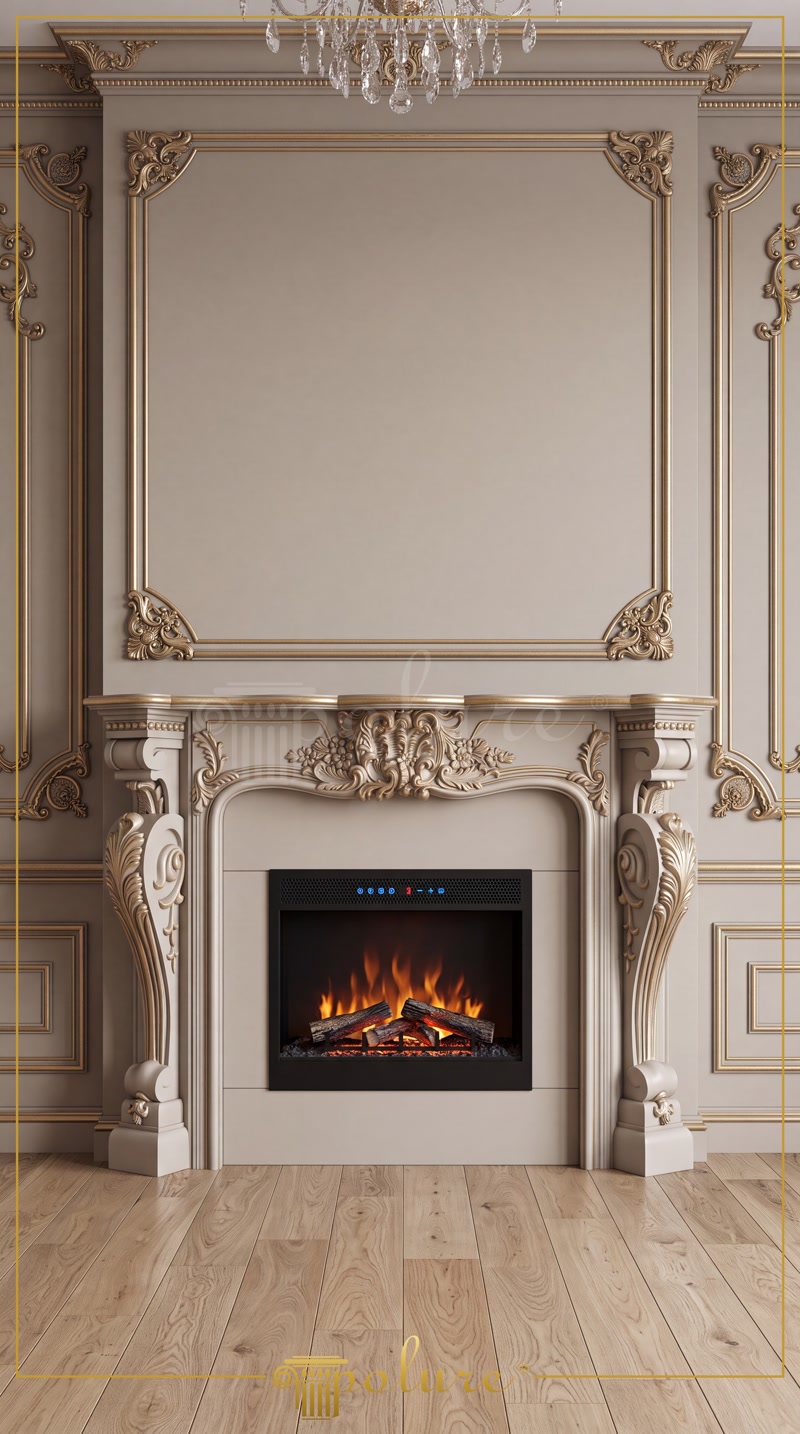 Front View Photo of Greige Electric Fireplace with Gold Frame