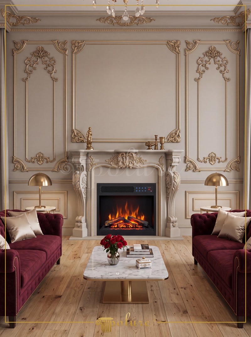 Front View Photo of Greige Fireplace Salon with Burgundy Sofas