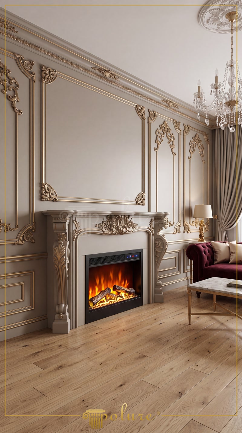 Oblique Photo of Greige Electric Fireplace with Gold Moldings